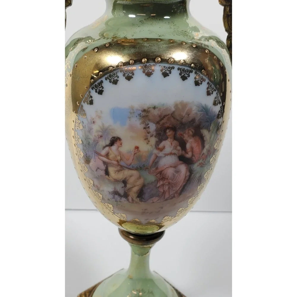 Antique French Sevres Style Urn Vase Porcelain Marked Lid Hand-Painted
